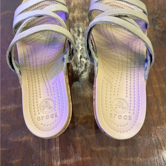 Women’s Crocs A-Leigh Leather Upper Cork Platform Wedge Slide On Sandals Size 8 - Picture 6 of 7